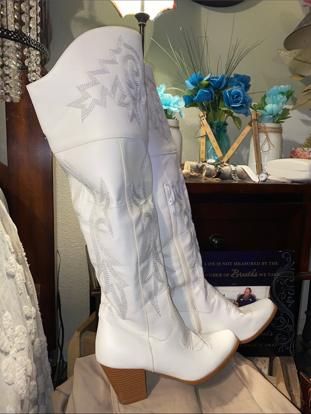 White Embroidered Knee-High Western Boots
